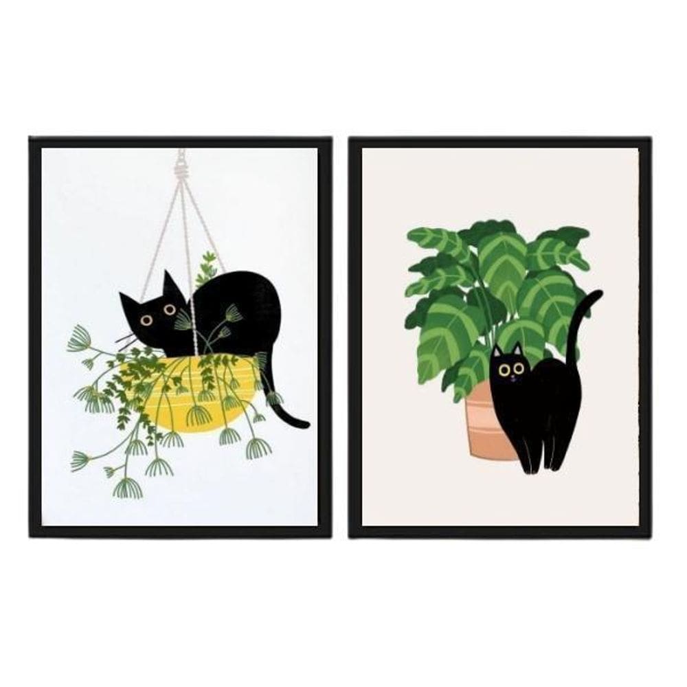 Kit 2 Quadros Decorativos Gato E Plantas 24X18Cm Vidro Preta