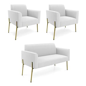 Namoradeira e 2 Poltronas Pé Ferro Dourado Marisa Bouclê Off White D03 - D`Rossi