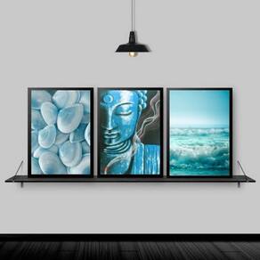 Kit 3 Quadros Zen Buda Mar Azul 45X34Cm Moldura Preta