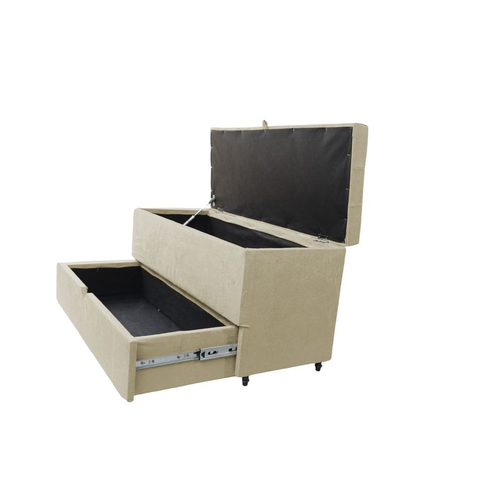 Recamier Puff Baú Sapateira E Gaveta 90 Cm Para Cama De Solteiro- Creme