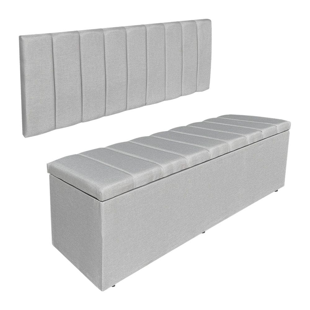 Kit Cabeceira Painel e Calçadeira Baú Casal Queen 1,60m Londres Linho Cinza Dal Poz Estofados
