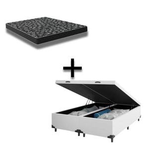 Cama Box Baú King 193 Tecido Sintético Branco Com Colchão Espuma D20 - Tampo Preto Bello Box 12cm