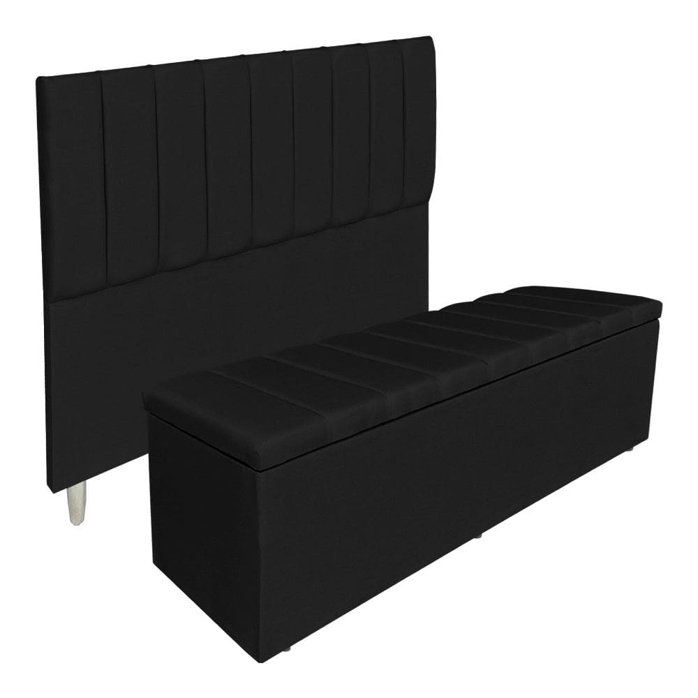 Kit Cabeceira e Calçadeira Baú Casal King 1,95m Londres Suede Preto Dal Poz Estofados