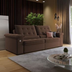 Sofá 3 Lugares Retrátil Reclinável com USB Veludo 200cm Khalifa Wood Estofados
