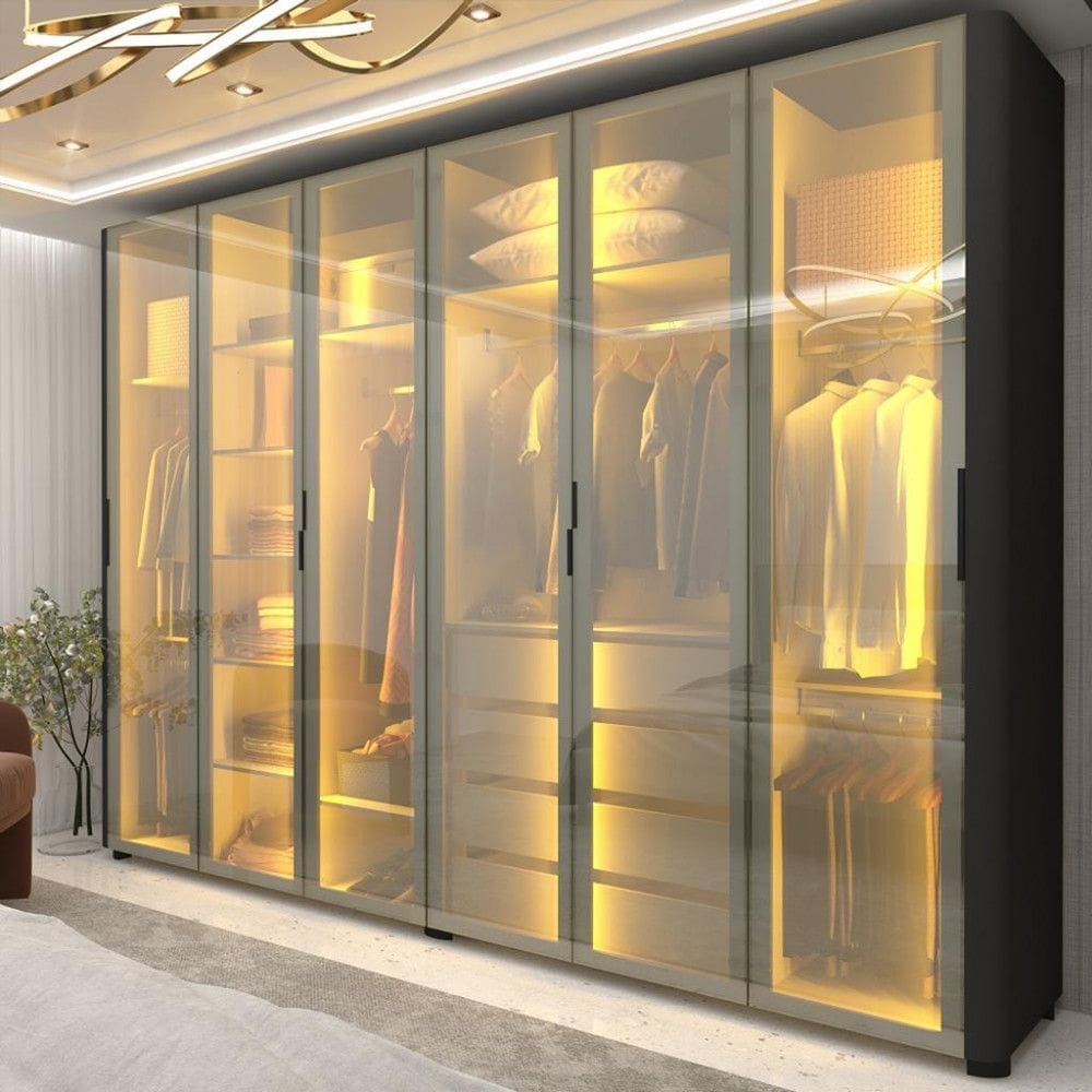 Guarda Roupa Casal com Vidro Reflecta LED e Pés 6 Portas 100 MDF Innova Gelius
