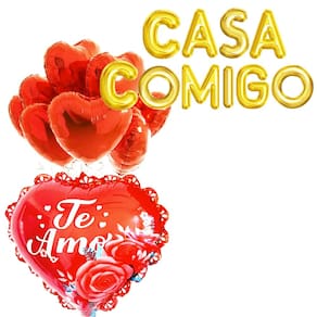 Kit Romântico Balões Metalizados Casa Comigo + 9 Balões Decorativos Coração