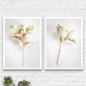 Kit 2 Quadros Flores Brancas Com Dourado 45X34 - Branca