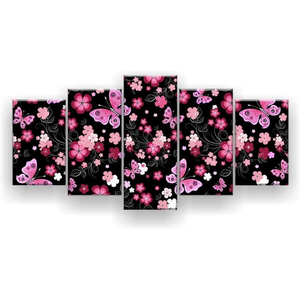 Quadro Decorativo Mosaico 5 Peças Borboletas Rosa