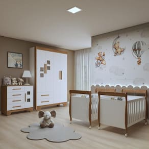 Quarto de Bebê Completo Gêmeos com Guarda-roupa, 2 Berços e Cômoda Gael Branco/Amadeirado
