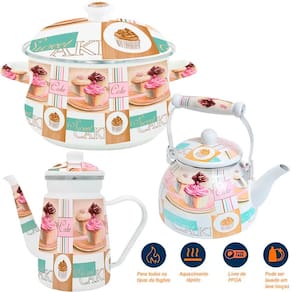 Trio Panela Chaleira Bule Cake Esmaltados À Indução Vintage