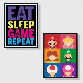 Kit 2 Quadros Eat Sleep Game Repeat Personagens 33X24Cm