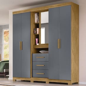 Guarda-roupa Casal com Espelho 5 Portas 3 Gavetas 4 Nichos e Pés Eldorado Freijó/Cinza