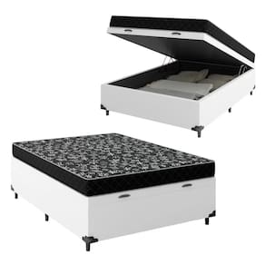 Cama Box Baú Viúva 128 Tecido Sintético Branco Com Colchão Espuma D20 - Tampo Preto Bello Box 12cm