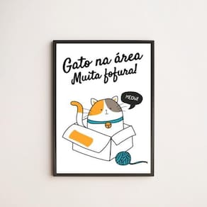 Quadro Decorativo Gato Na Área 45X34Cm Vidro Moldura Preta