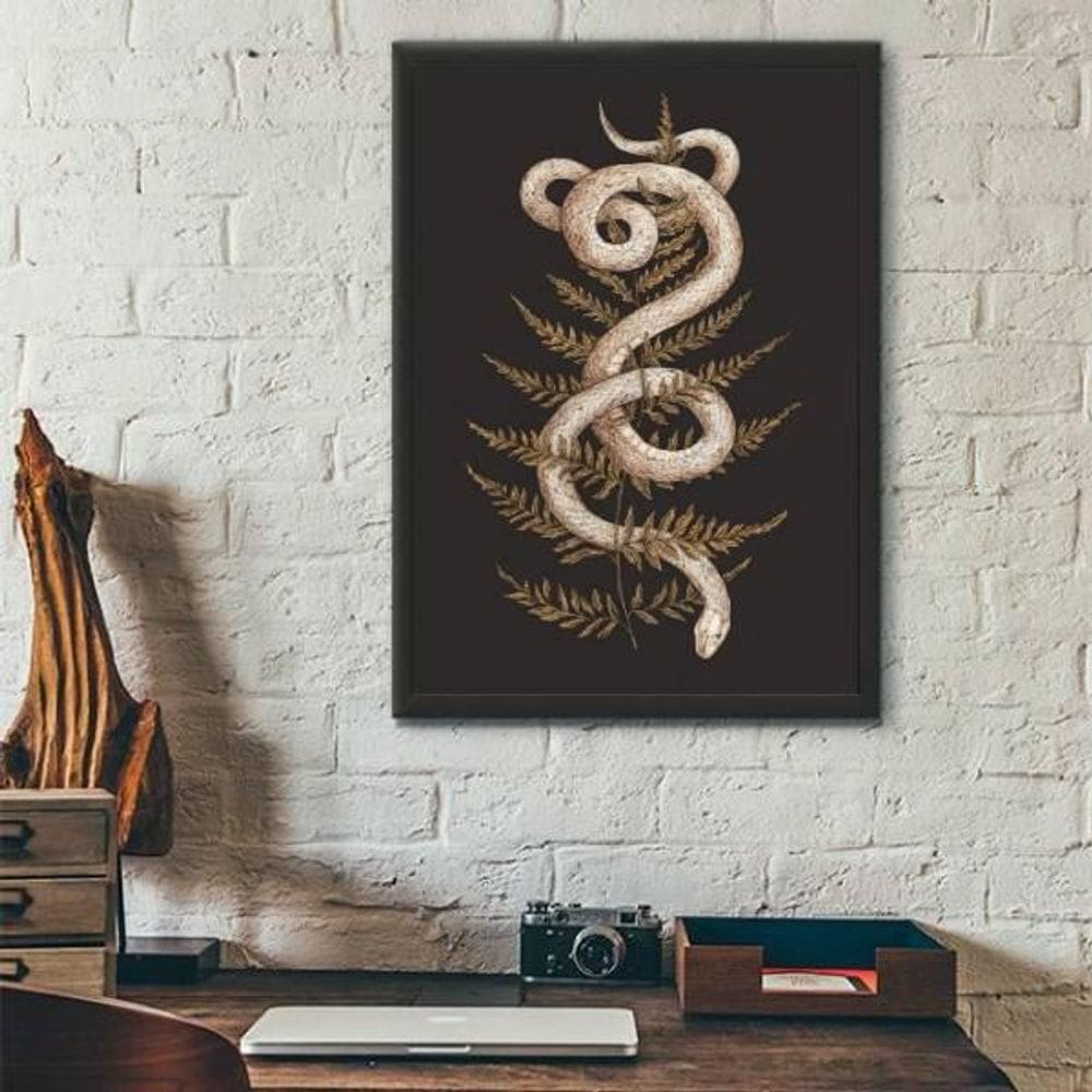 Quadro Decorativo Serpente Com Folha 45X34Cm | Madeira Preta