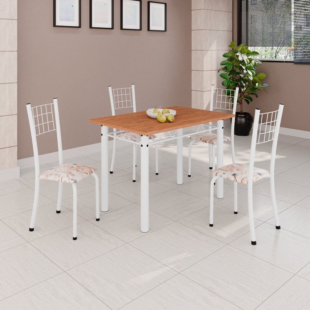 Conjunto de Mesa Tubular 100x60cm Tampo em Mdf e 4 Cadeiras Dany Bege/Branco