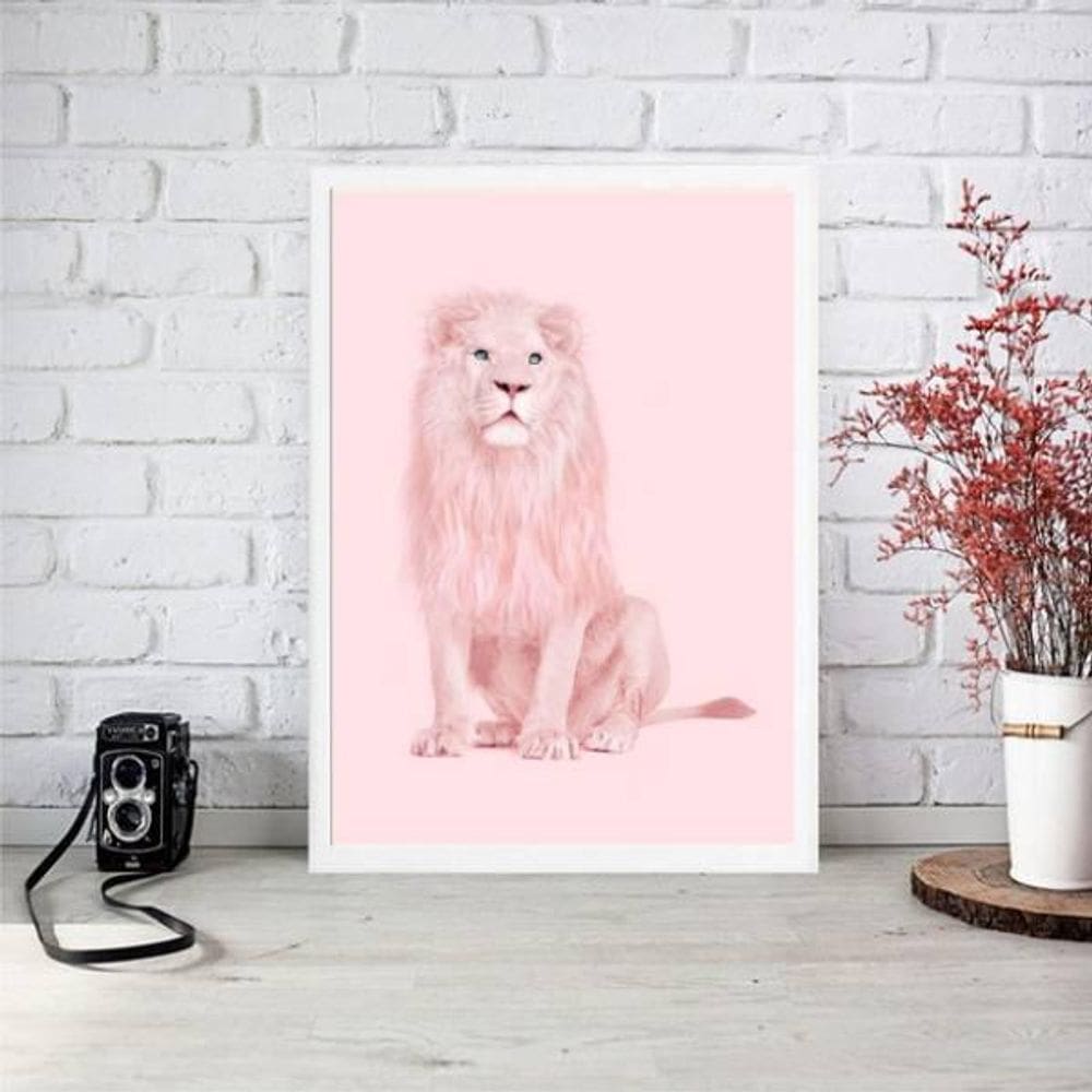 Quadro Decorativo Leão Rosa 45X34Cm