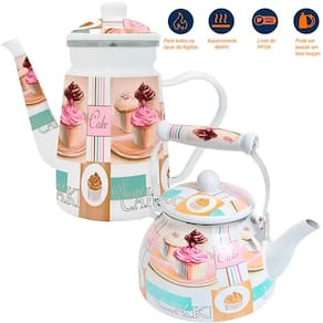 Kit Chaleira 2,5L Bule 1,2L Cake Esmaltados Indução Vintage