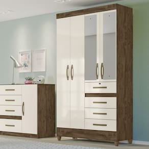 Guarda-roupa Solteiro com Espelhos 4 Portas 4 Gavetas e Pés Sobral Castanho/Off