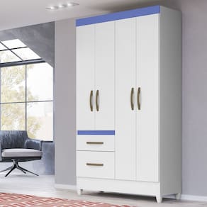Guarda-roupa Solteiro com Espelhos 4 Portas 2 Gavetas e Pés Madri Branco/Azul
