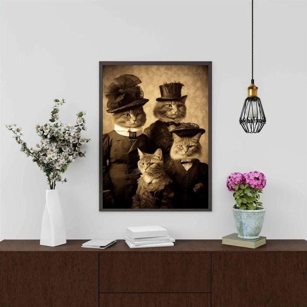 Quadro Vintage Foto Família Gato 33X24Cm