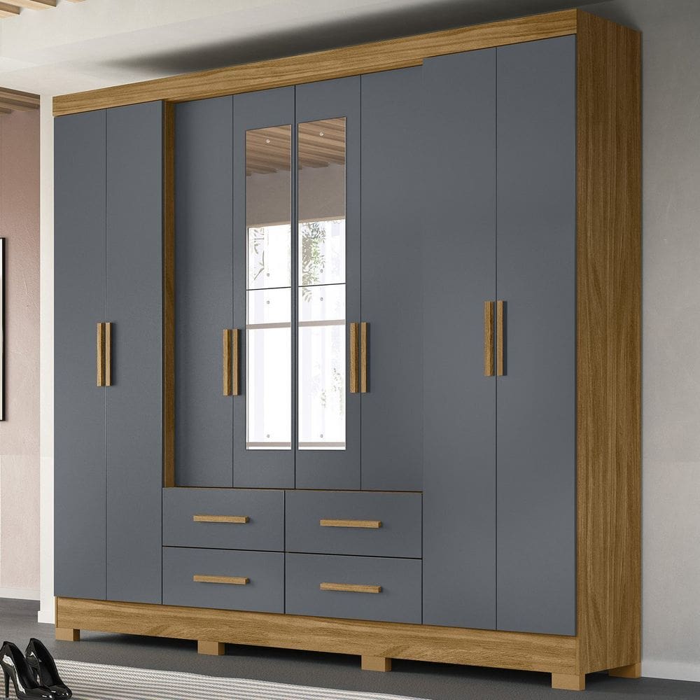 Guarda-roupa Casal com Espelhos 8 Portas 4 Gavetas e Pés San Lorenzo Plus Freijó/Cinza