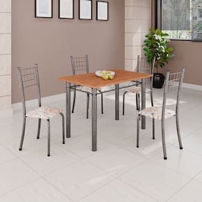 Conjunto de Mesa Tubular 100x60cm Tampo em Mdf e 4 Cadeiras Dany Bege/Prata