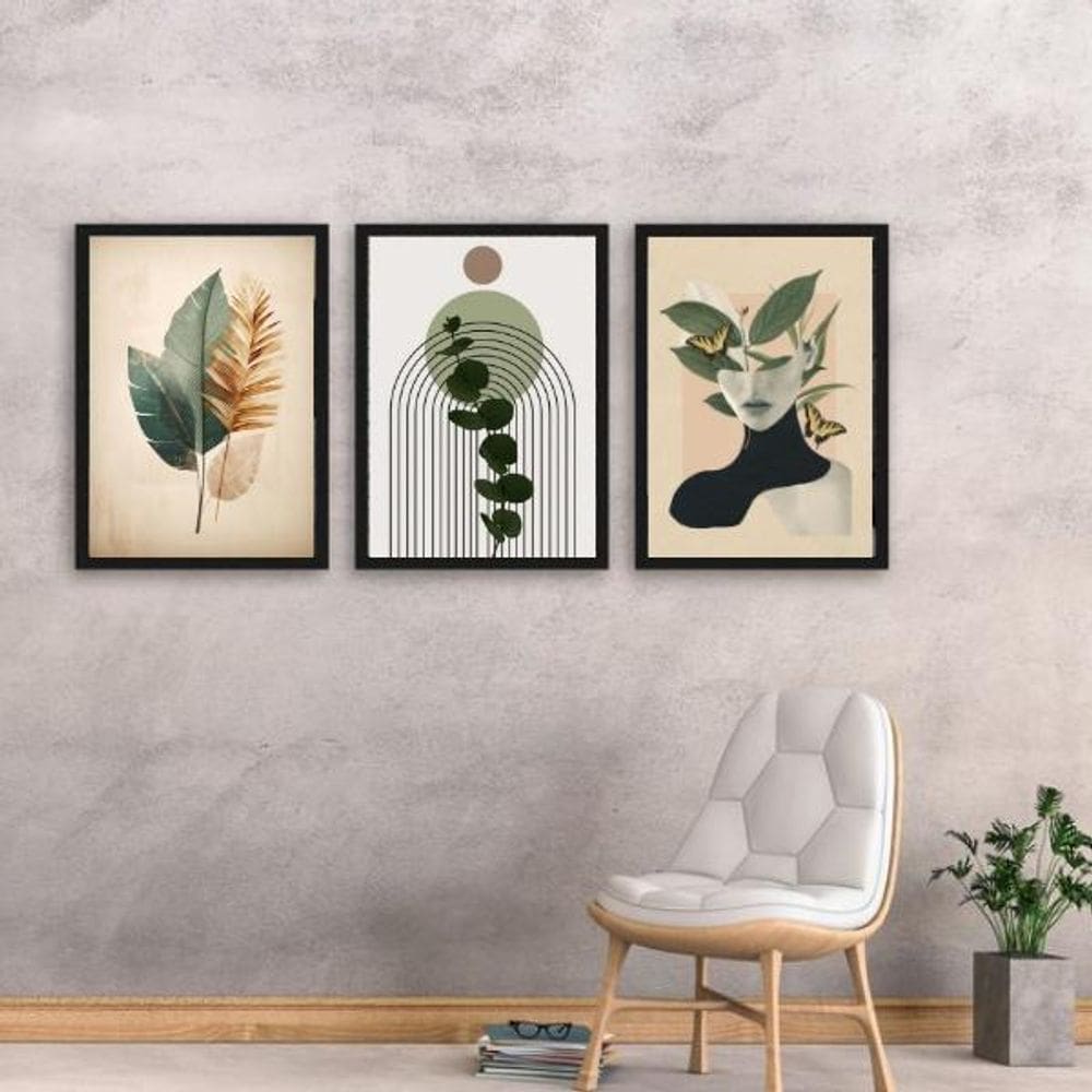 Kit 3 Quadros Modernos Sala Conexão Natureza 33X24Cm - Vidro