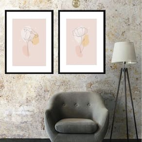 Kit 2 Quadros Flores Minimalistas Rosadas - 60X48Cm