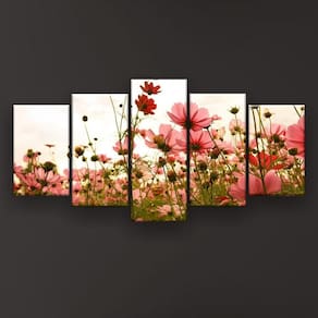 Quadro Decorativo Mosaico 5 Peças Cosmos Rosa Fundo Branco