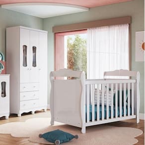 Quarto de Bebê Guarda Roupas 3 Portas com Janelas e Berço Mini Cama 100% Mdf Aurora Espresso Móveis Branco Brilho