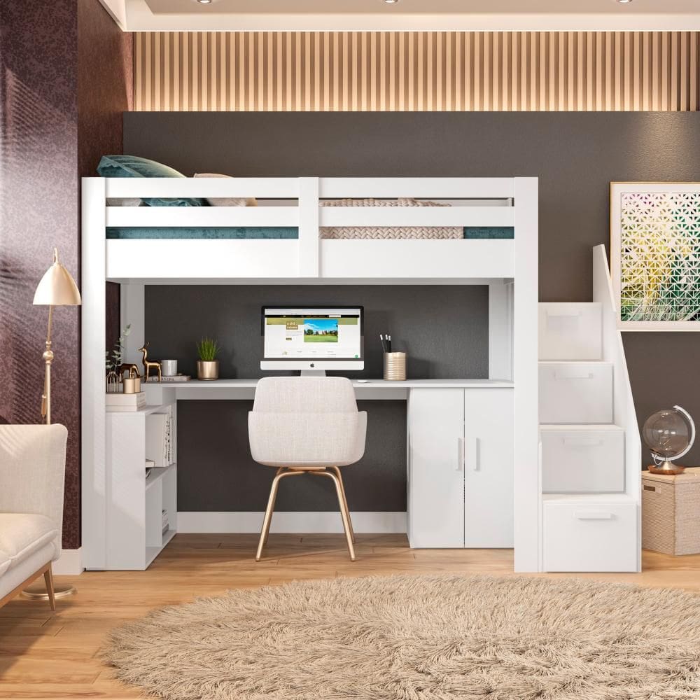 Cama Office Multifuncional Solteiro Adulto Star Plus Branco Perfect Wood