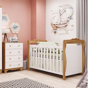 Quarto de Bebê com Cômoda 4 Gavetase Berço Americano Nina 100% Mdf Espresso Móveis Branco Brilho/Amêndoa