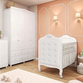 Quarto de Bebê Berço com Capitonê e Guarda Roupa 4 Portas Maya Clássico Espresso Móveis Branco Brilho/Branco
