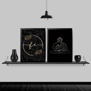 Kit 2 Quadros Buda Fé Preto Com Dourado 33X24 Moldura Preta