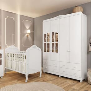 Quarto de Bebê com Berço Mini Cama e Guarda Roupa com Janela Maya Clássico Espresso Móveis Branco Brilho