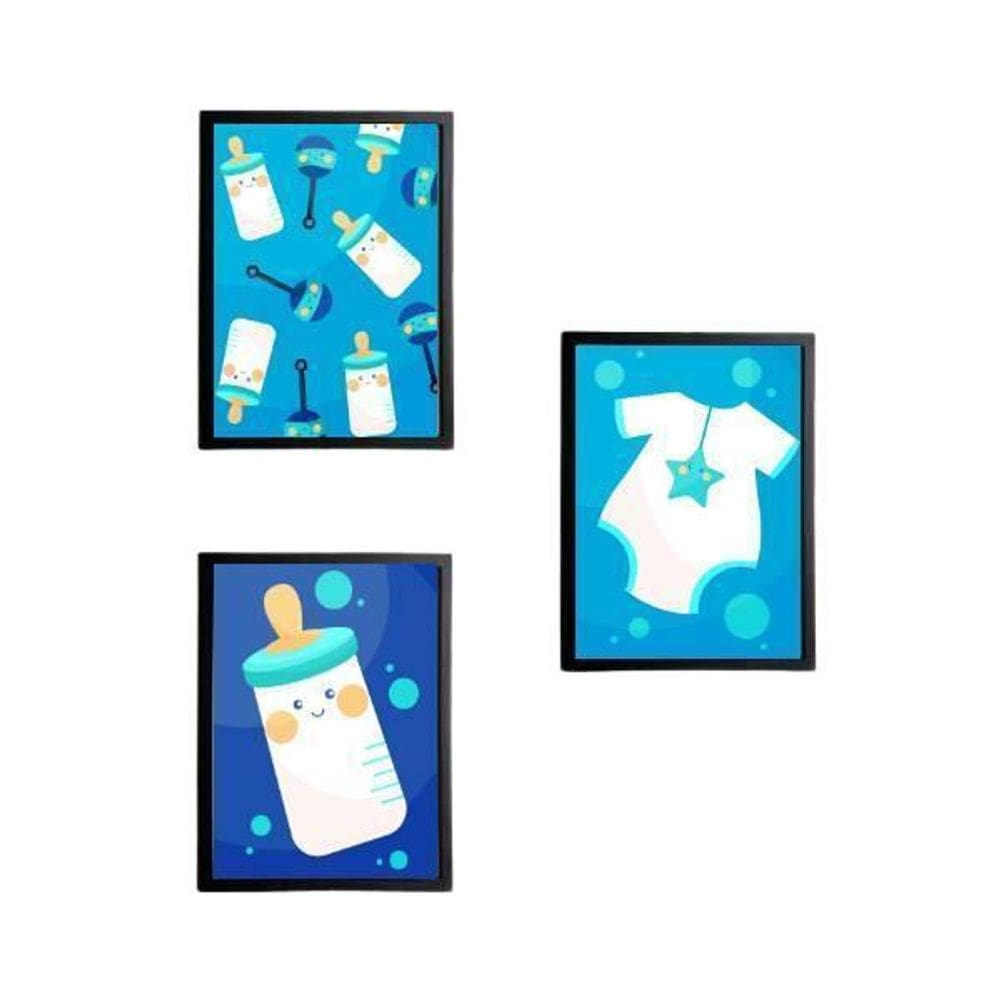 Kit 3 Quadros Infantis Mamadeiras Azuis 33x24cm com Vidro