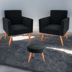 Conjunto Poltronas e Puff Anari Veludo Inca Preto
