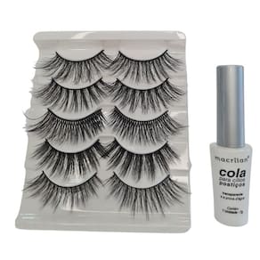 Kit Macrilan Cola Cílios Postiços+Cílios 3D 5 Pares Tipo:55