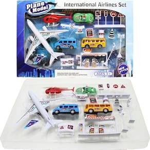 Kit Brinquedo Aeroporto Com 14Pçs Avião helicóptero Ônibus