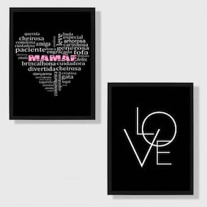 Kit 2 Quadros Mamãe Qualidades - Love 24X18Cm Preto