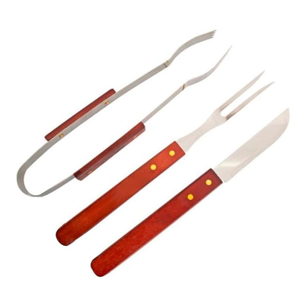 Kit Conjunto De Facas Para Churrasco Madeira e Inox 3 Peças