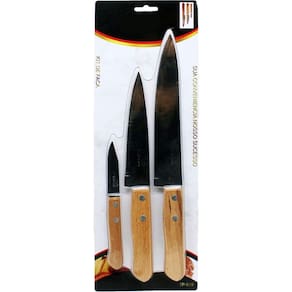 Kit Jogo Faqueiro Facas Cozinha Churrasco Cabo Madeira 3Pçs