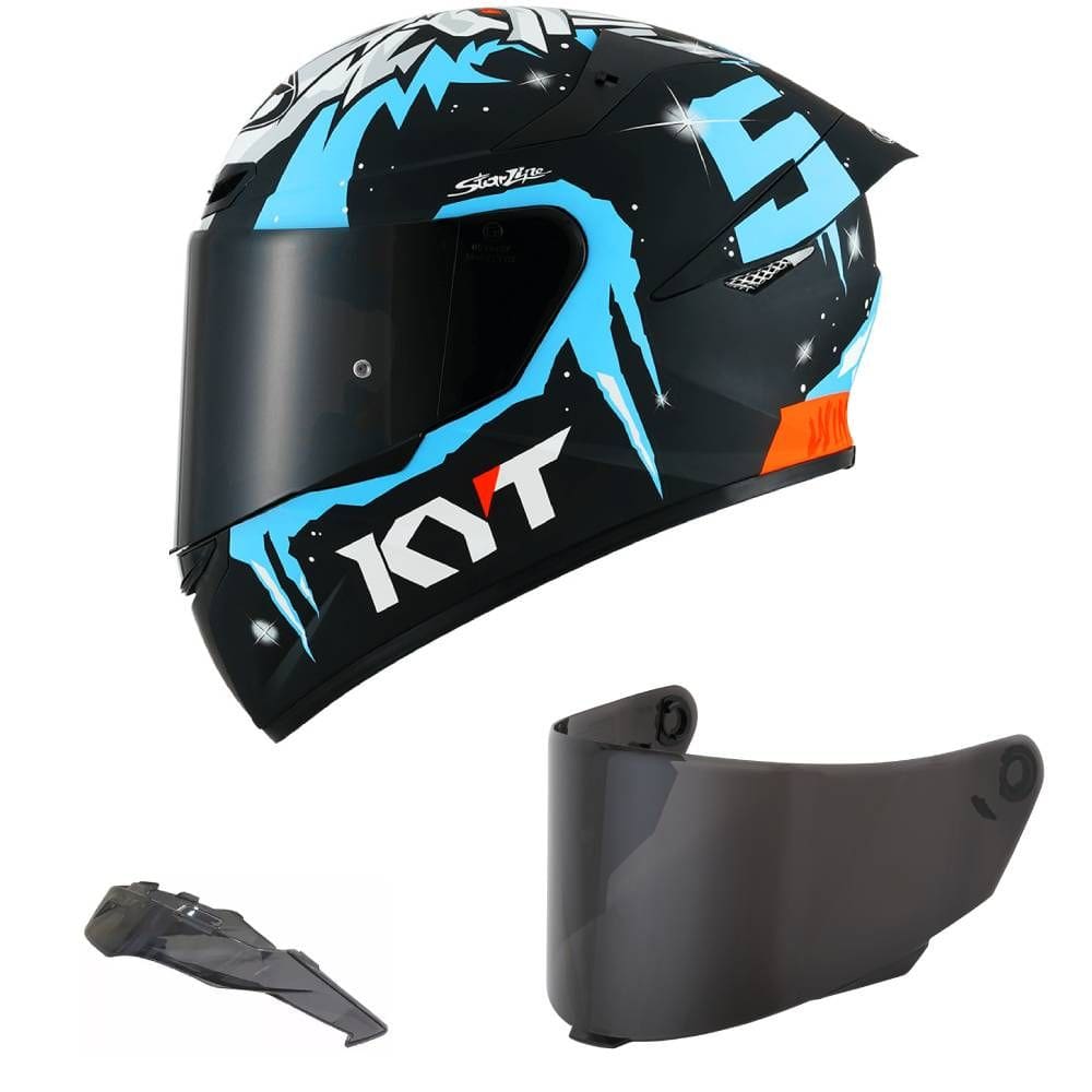 Capacete KYT TT Course Masia Winter Test Preto e Azul Brilho Mais Viseira Fumê e Spoiler Fumê