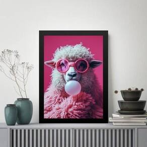 Quadro Ovelha Bubble Gum - Rosa 24X18Cm - Com Vidro