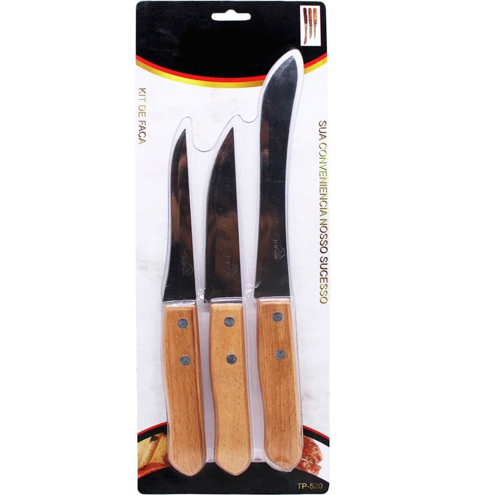 Kit Jogo Facas Faqueiro Cozinha Churrasco Cabo Madeira 3Pçs