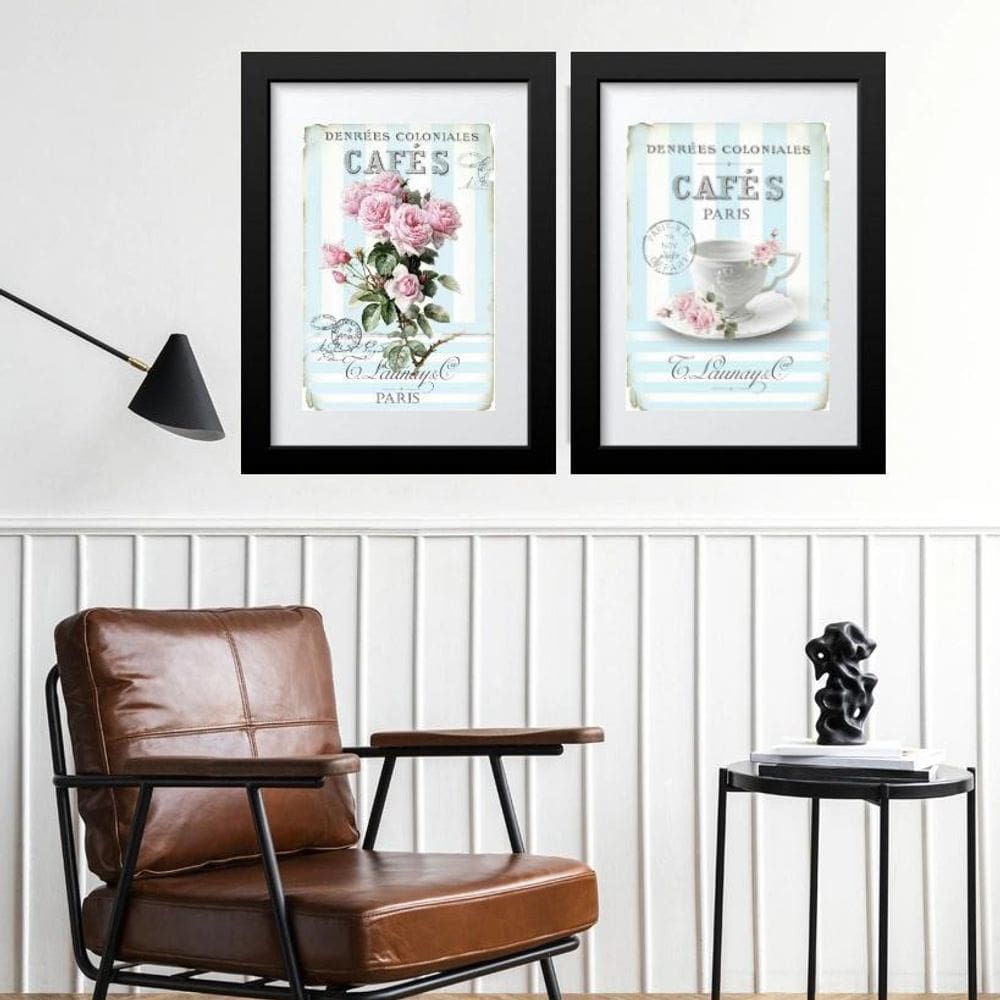 Kit 2 Quadros Café Flores Paris - 60X48Cm