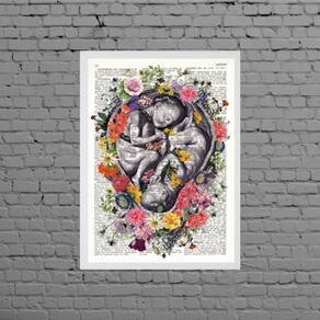 Quadro Fetos Gêmeos Com Flores 33X24Cm Moldura Branca