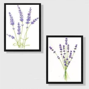 Kit 2 Quadros Ramos Lavanda 45X34 Vidro Preta
