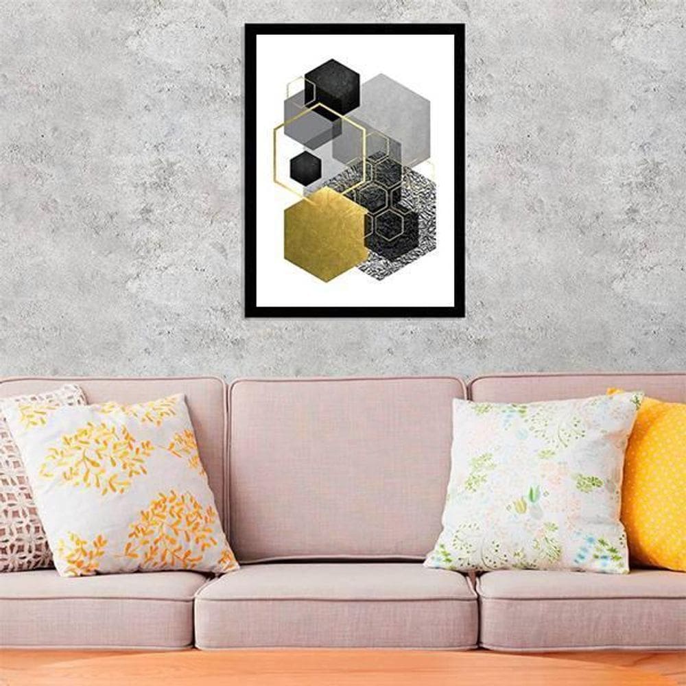 Quadro Geométrico Hexágonos Cinza E Preto 24X18 Vidro Preta